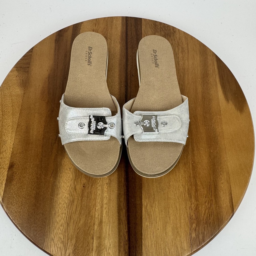 Womens Dr Scholls Nice Iconic Silver Faux Leather Metallic Wedge Slides Size 8.5